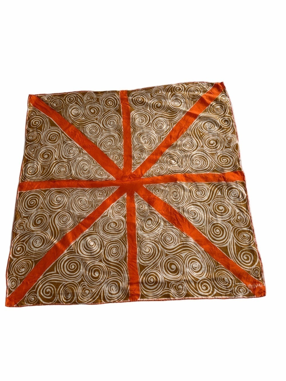 Vera Vintage Silk Scarf Orange Ribbon Rays Gold Swirl Print 26” Square